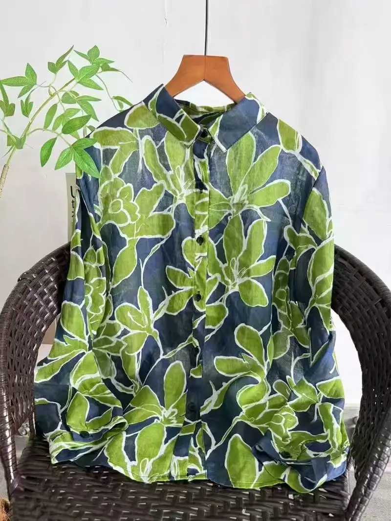 

100% Ramie Linen Women Bohemian Blouses Green Flower Blouses Fashion Women Vintage Boho Long Sleeve Tops Shirts