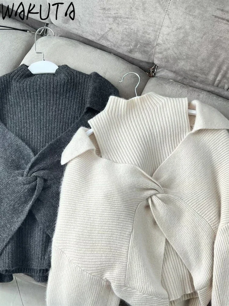 

Wakuta Sweet Turtleneck Solid Sets Vest+casual Knot Cross Lantern Sleeve Sweaters Japanese Knit Elegant Suit Fashion Jumper