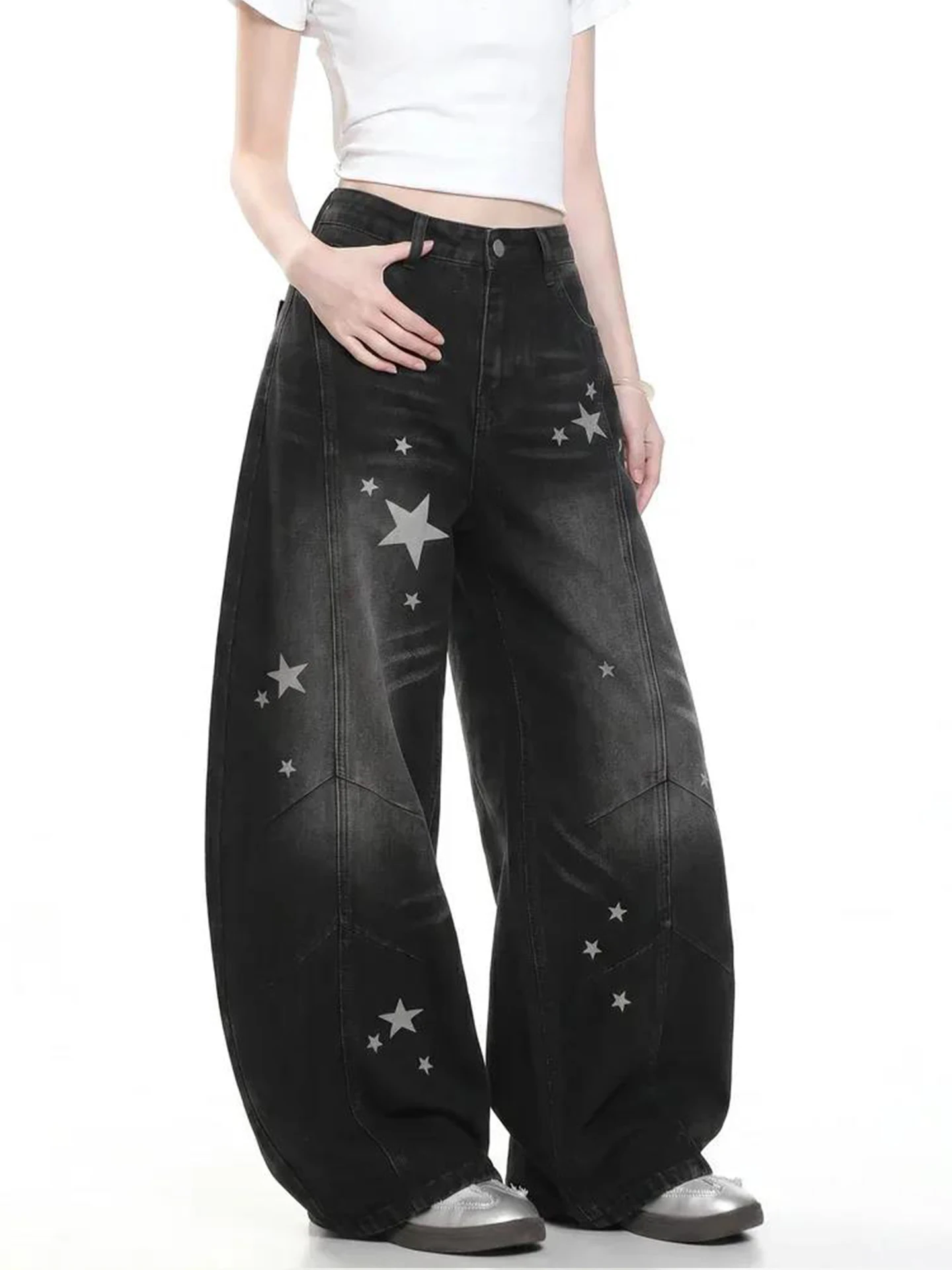 American Style Star Print Washed Vintage Knife  Jeans Women's Summer Loose Casual Lazy Drape Wide Leg Pants