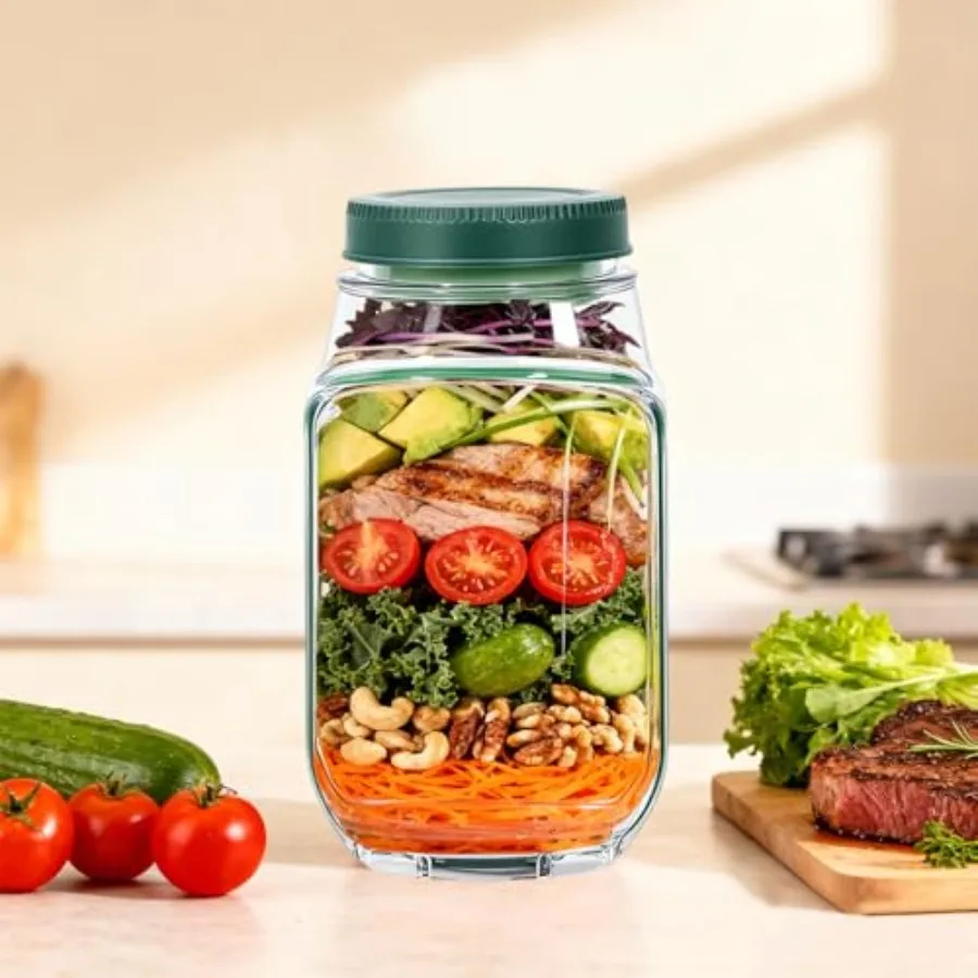 Salad Pod Jar Leakproof Vertical Layering Salad Container with Side Opening and Dressing Compartment, Lid-to-Bowl Dual-Use Desi