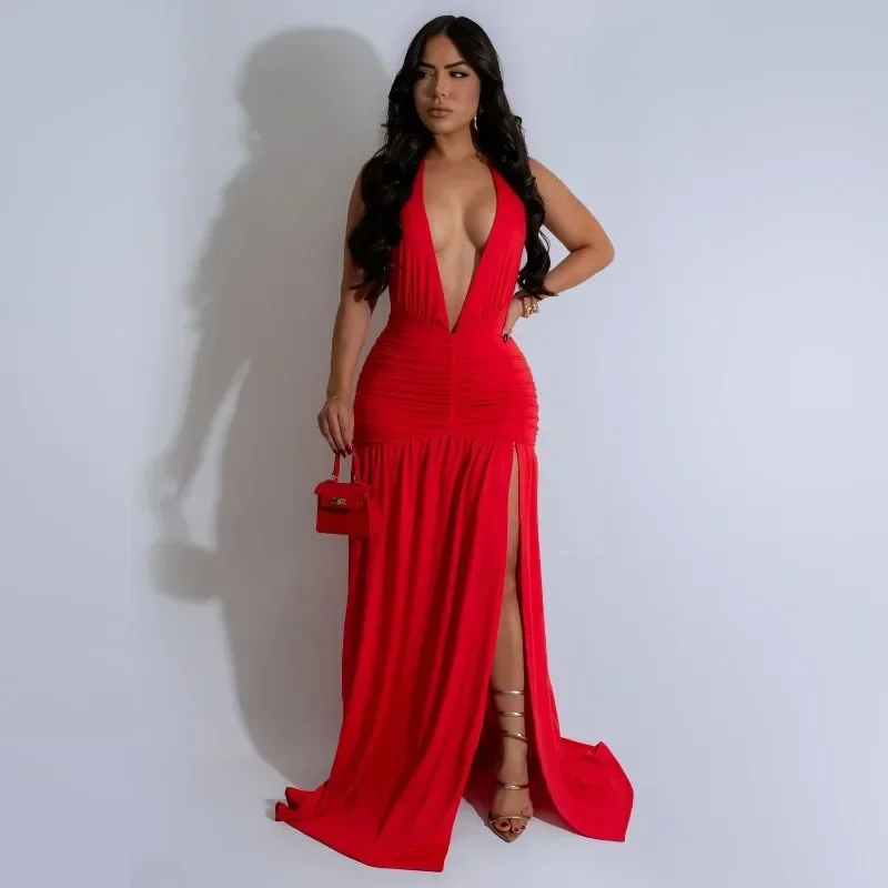 

GUWU Sleeveless Deep V-neck Halter Ruched Long Maxi Dress Women Summer Sexy Street Slim Evening Night Club Party Dresses