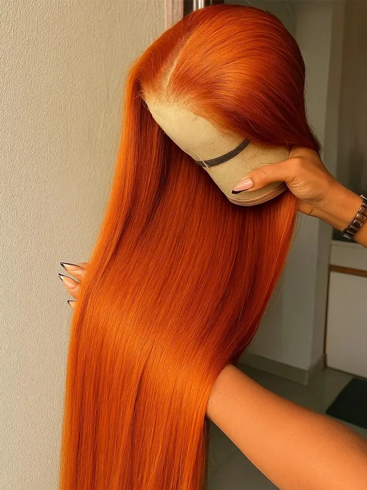 36 Inch Straight Orange Ginger Lace Front Wigs Human Hair 350 Colored Brazilian 13X6 HD Transparent Lace Frontal Wigs For Women
