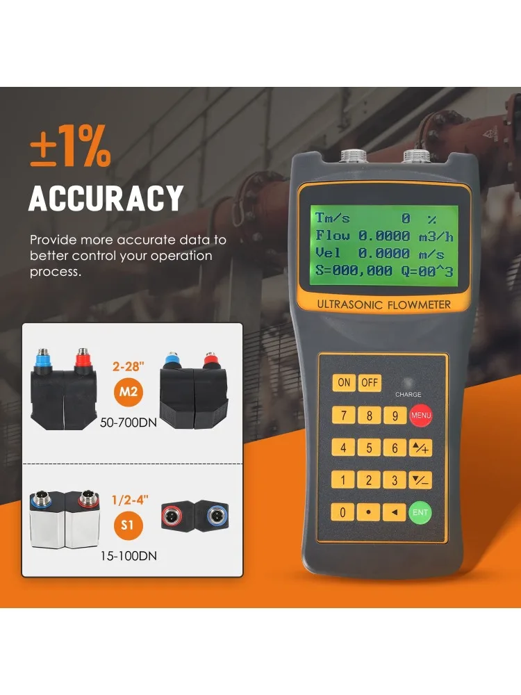 Handheld Ultrasonic Flow Meter Portable Clamp on Flowmeter with Data Output S1+M2 Sensors for Seawater Alcohol Industrial