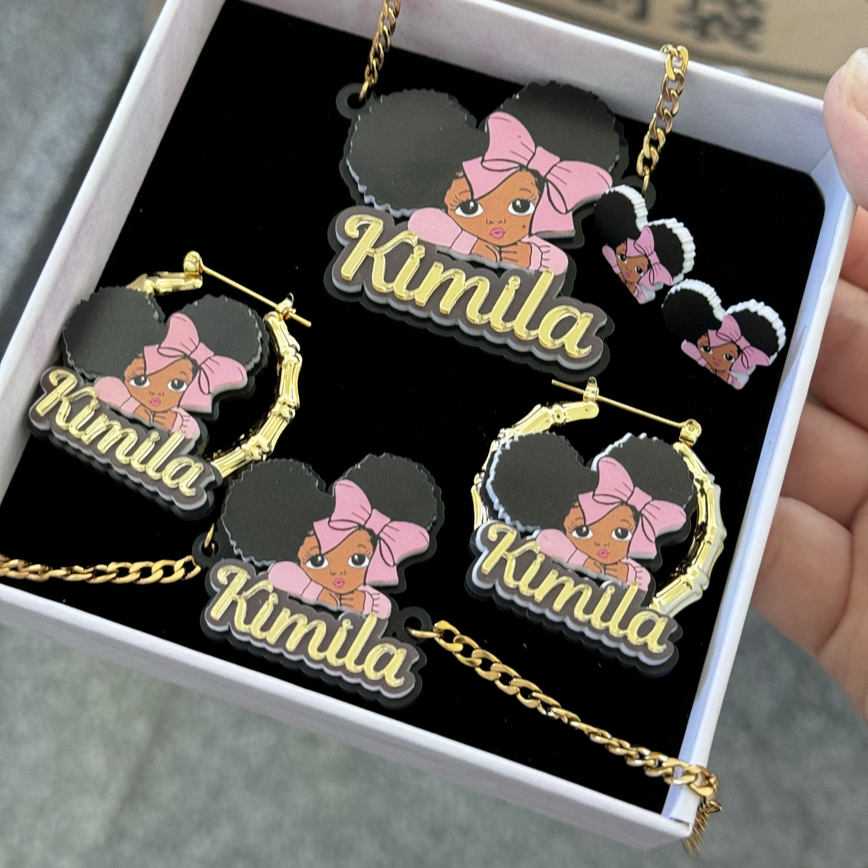 

DUOYING Custom Character Name 4PCS Set Personalized Nameplate Letter Cuban Chain Necklace 40mm Bamboo Earrings For Kids