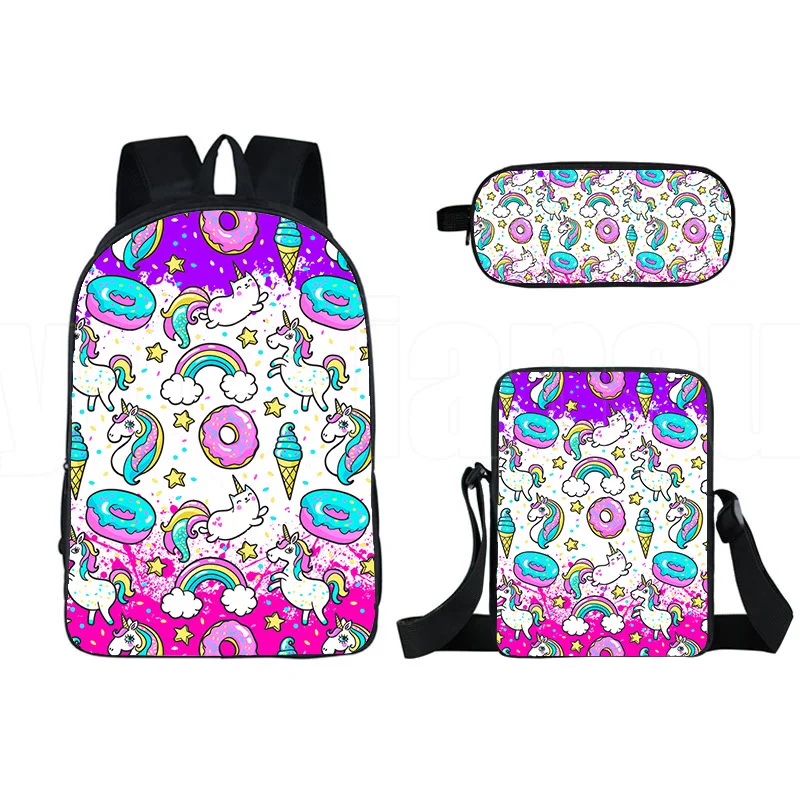 Harajuku Youthful Rainbow Pink Unicorn 3D Print 3pcs/Set Student Travel bags Laptop Daypack Backpack Shoulder Bag Pencil Case