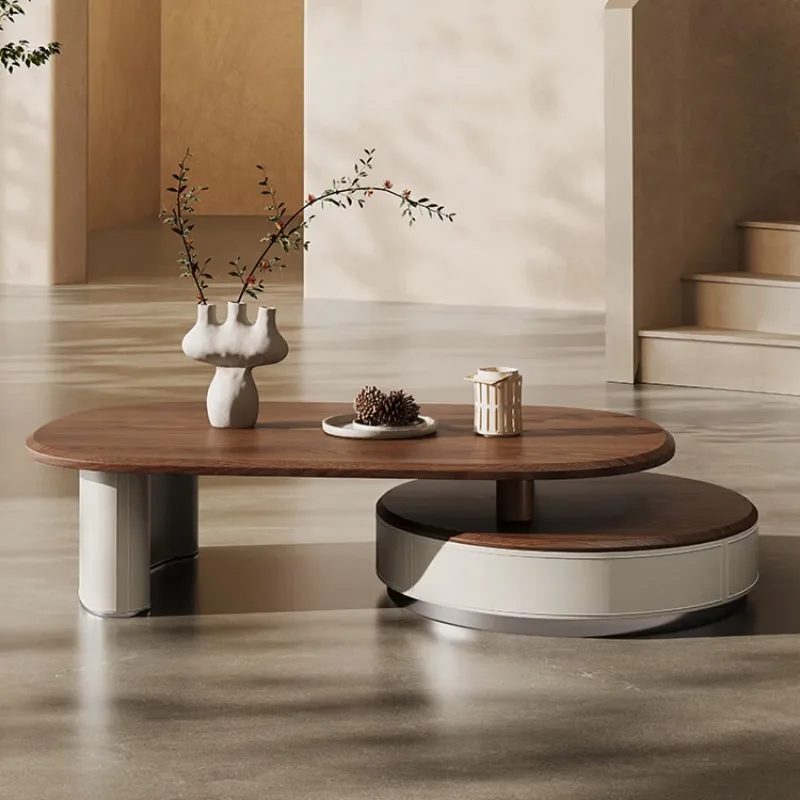 Retro style walnut pattern retractable round coffee table, high-end saddle leather in the living room, antique coffee table