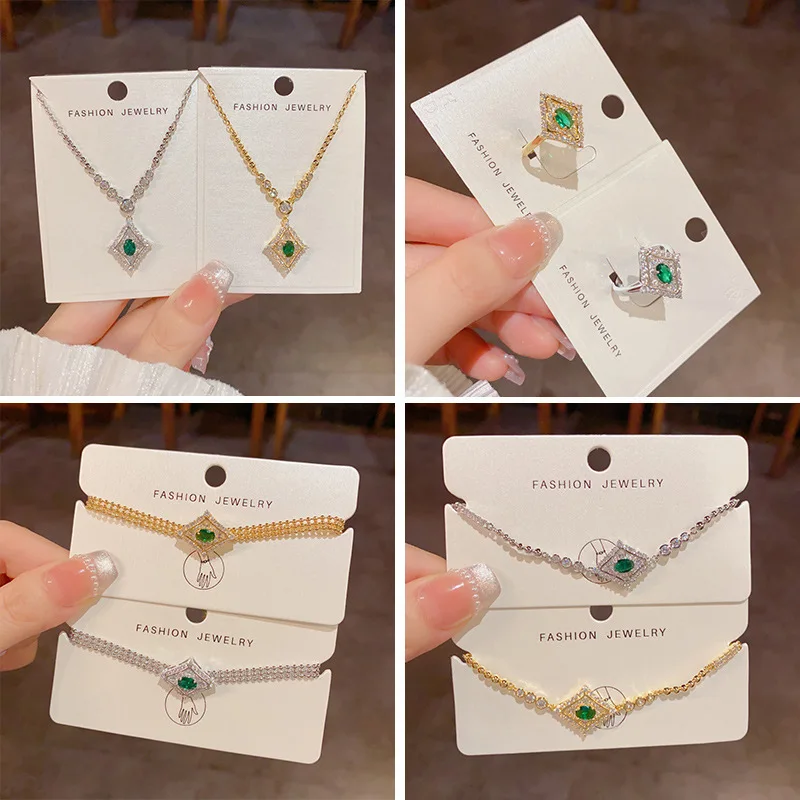 Vintage Rhombus Emerald Tone Stone Jewelry Set Comprising Dangle Earrings Necklace Ring Bracelet For Wedding Bridal Looks