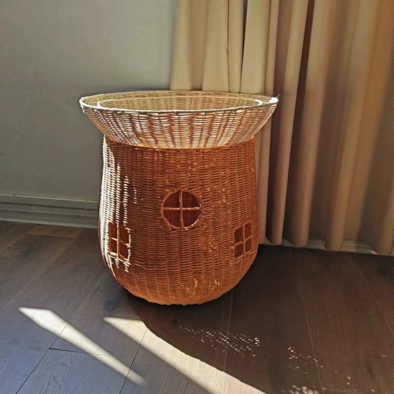 Scandinavian Mushroom Basket Handwoven Rattan Storage Bin for Kids' Toys Chic Plush Animal Organizer BedRoom Decorative Hamper