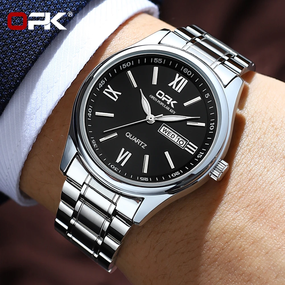 OPK 8123 Original Quartz Dual Calendar Movement Watch For Men Stainless Steel Strap Luminous Function Fashion Style Watch