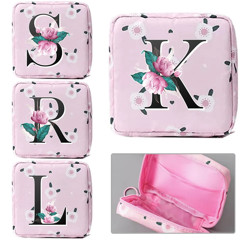 Women Sanitary Napkin Storage Bag Portable Whitemarble Lettter Pattern Compact Easy To Carry Bag Makeup Lipstick Pouch Storage