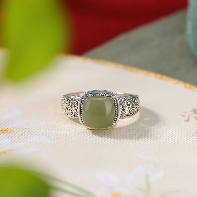 S925 Silver Natural Hetian Jade Square-Style Adjustable Ring With Grass Pattern
