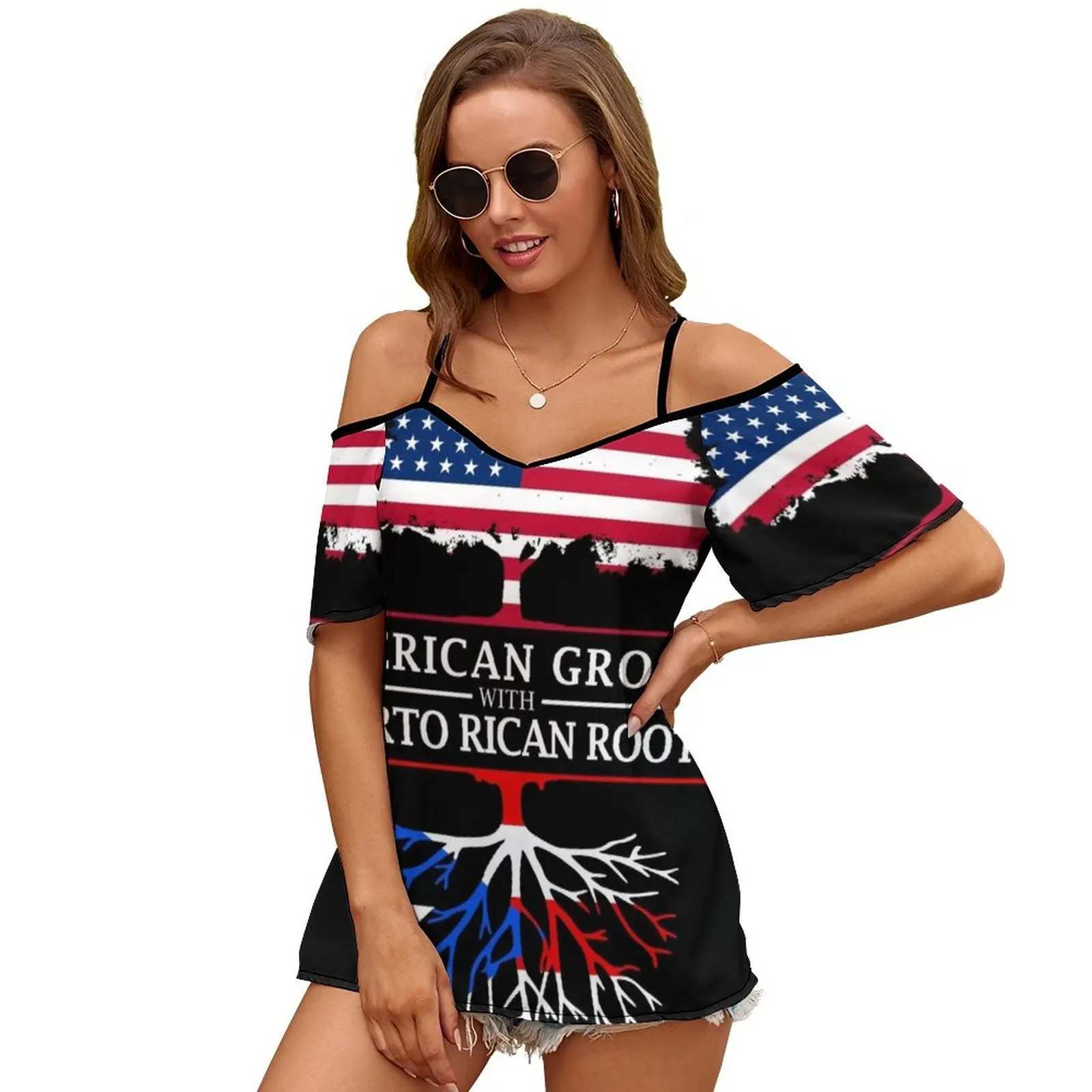 American Grown With Puerto Rican Roots Puerto Rico Design Women\'S T-Shirt Summer Fashion Print Floral V-Neck Zipper Tshirt