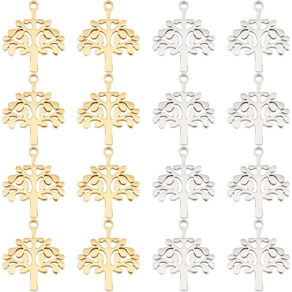 

16Pcs 2 Colors Ion Plating(IP) 304 Stainless Steel Tree Of Life Pendants Meatl Flat Hollow with Hole Charm Tree Of Life Pendant