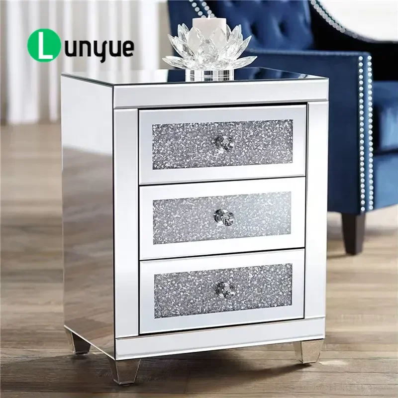 Light Luxury Diamond Crush Bedside Table Silver Mirror Side Cabinet Night Stand Bedroom Furniture Custom Modern Decor Storage
