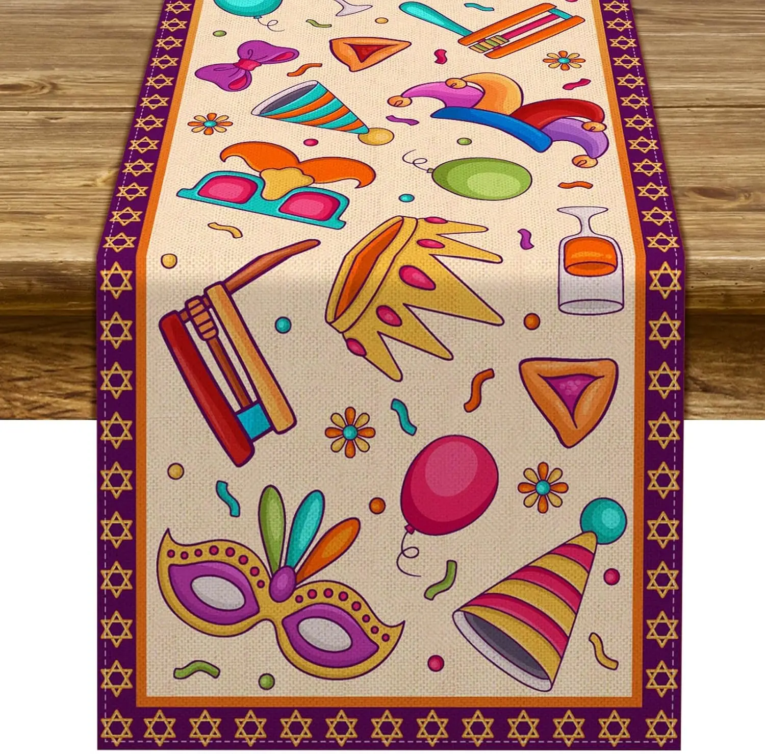 Happy Purim Linen Table Runner Jewish Holiday Carnival Party Decor Masque Crown Kitchen Dining Table Runenrs Dresser Scarf Decor