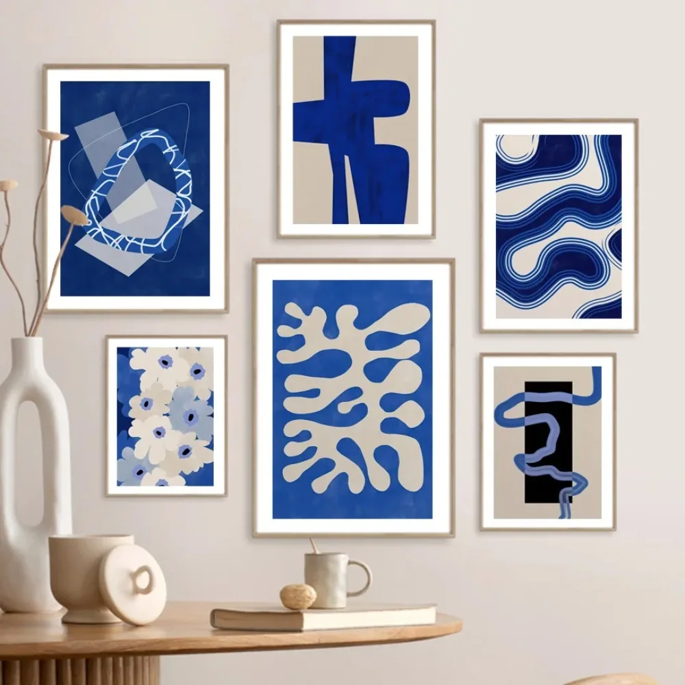 Blue Line Geometry Flower Wall Art Canvas Painting Abstract Art Posters Hotel Bar For Living Room Home Decor