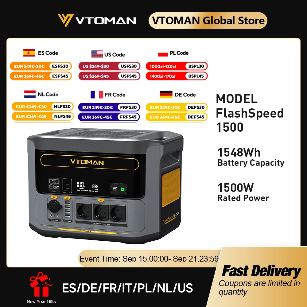 VTOMAN FlashSpeed 1500 estación de energía portátil 1548Wh LiFePO4 batería con pico de 3000W para acampar al aire libre RV energía en el hogar