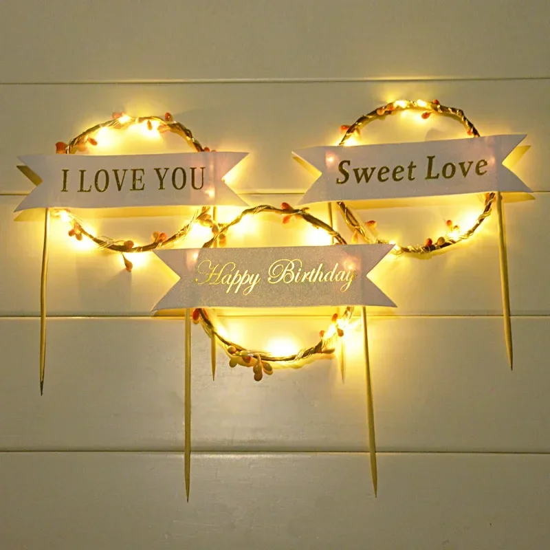 1pc LED Luminous Garland Birthday Cake Insertion Happy Birthday Card Decoration Flag Topper Cake Decorating Tools