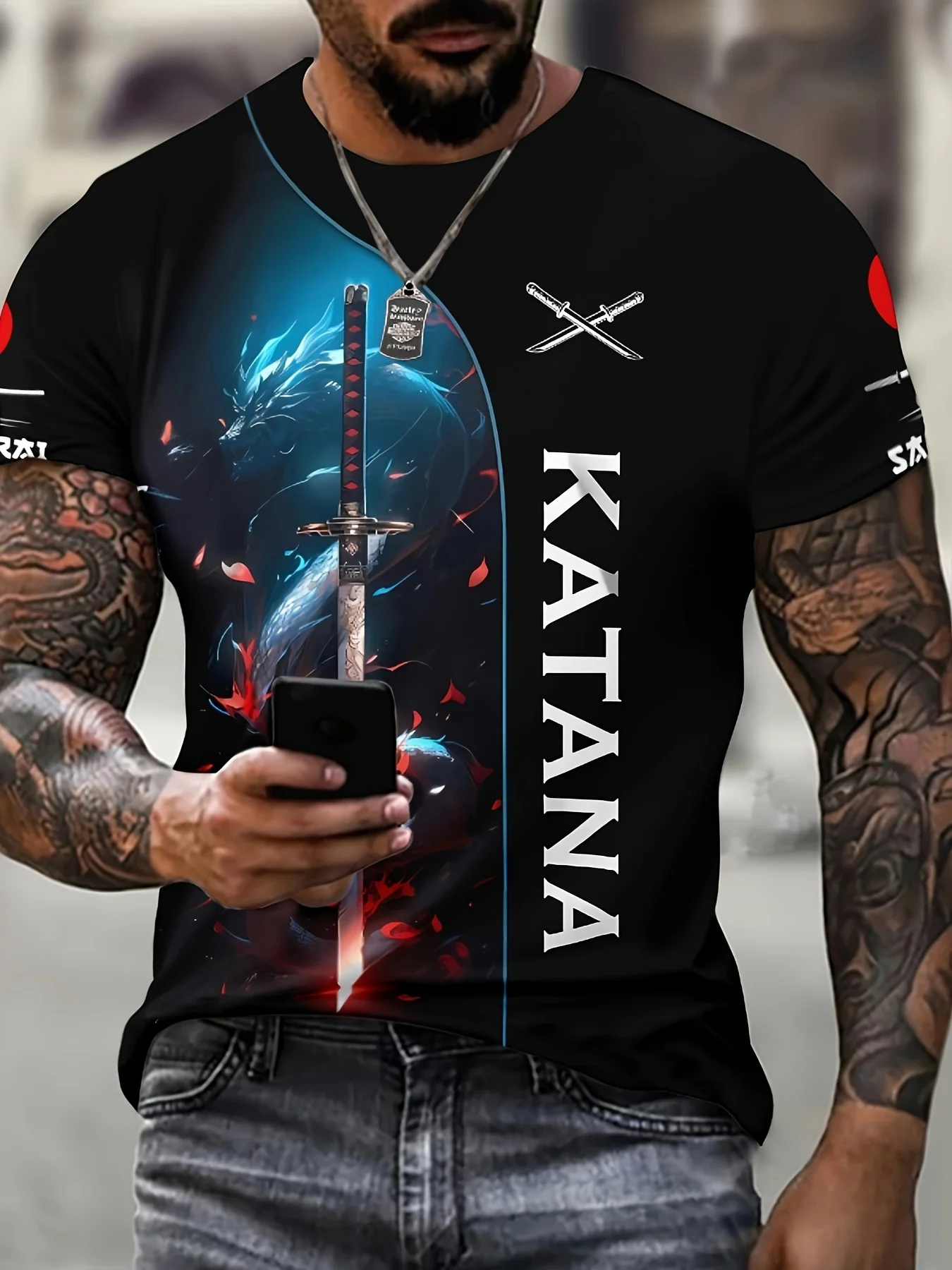 Men's Summer Fashion T-shirt, 3D Digital Katana and Dragon Pattern Crew Neck Short Sleeve Tee Tops for Outdoors and Sports Wear