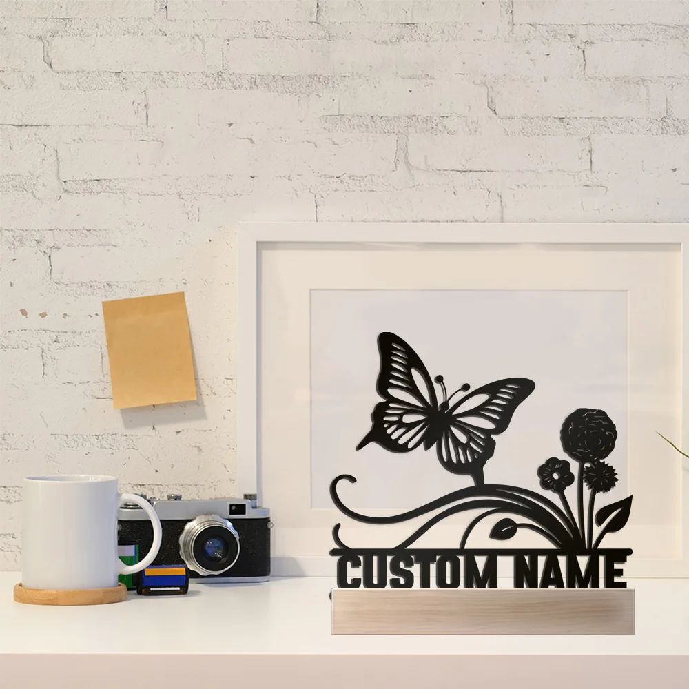 1 peça borboleta moderna com flor nome personalizado estátua de metal ornamento de metal com base de madeira escultura de metal artesanato com madeira