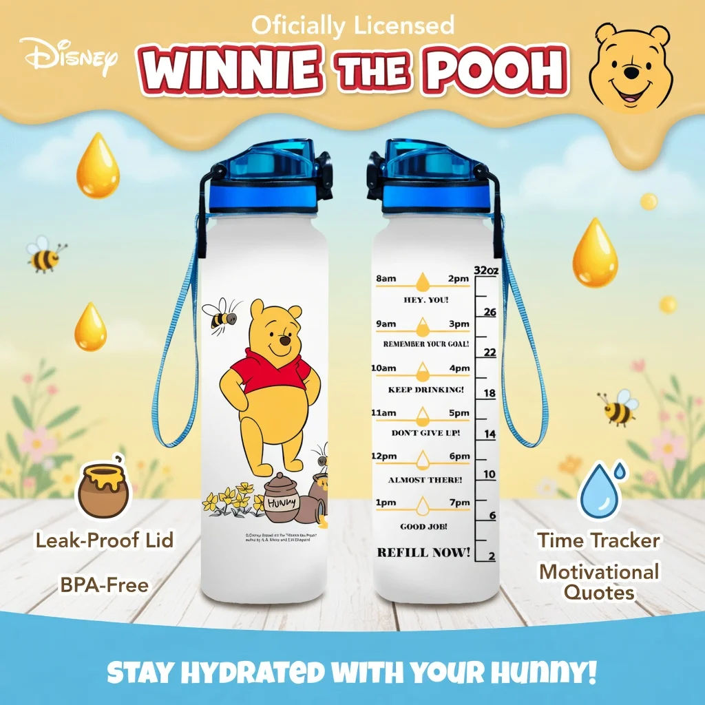 1pc 32oz Disney Winnie the Pooh Water Bottle Leakproof with Time Marker Motivational Design for Outdoor Sports Gym Reusable