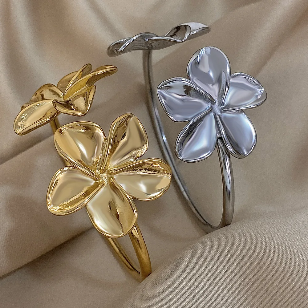 Greatera Stainless Steel Double Flower Cuff Bracelet Bangle for Women Gold Color Metal Floral Bracelets Waterproof Party Jewelry