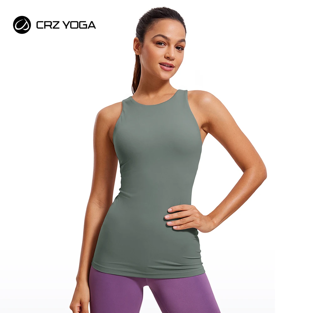 CRZ YOGA Butterluxe Womens Racerback High Neck Tank Top - with Built in Bra Workout Padded Slimming Yoga Athletic Camisole