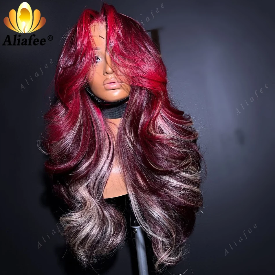 Burgundy with Blonde 180% Density Lace Frontal Wig 13x6 Highlight 99J Red Brazilian Pre Plucked 13X4 Lace Frontal Wig for Women