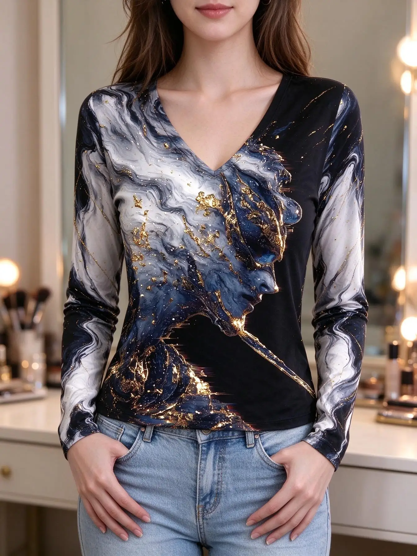 Women V Neck Long Sleeve Gold Foil Marble Swirl Print Elegant Casual Top