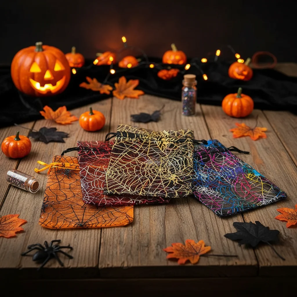 25/50/100 pièces, 10x15cm, sac cadeau en organza coloré à thème araignée pour Halloween, impression toile d'araignée, emballage cadeau, sac à bonbons de haute qualité avec cordon de serrage