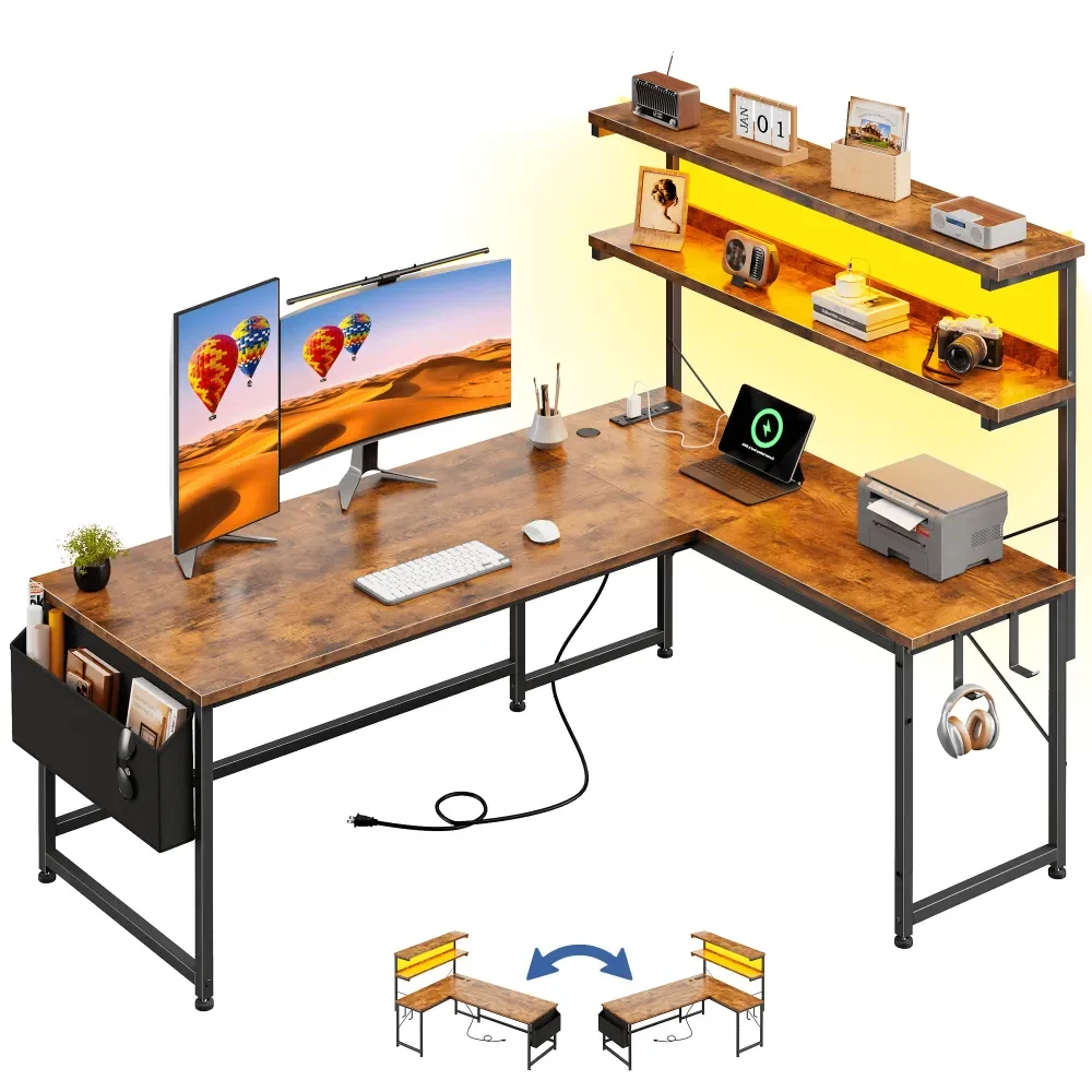 

standing desk l shaped desk table43.3 Reversible L Shaped Computer Desk Home Office Desk Gaming Desk With LED Light Power Outlet