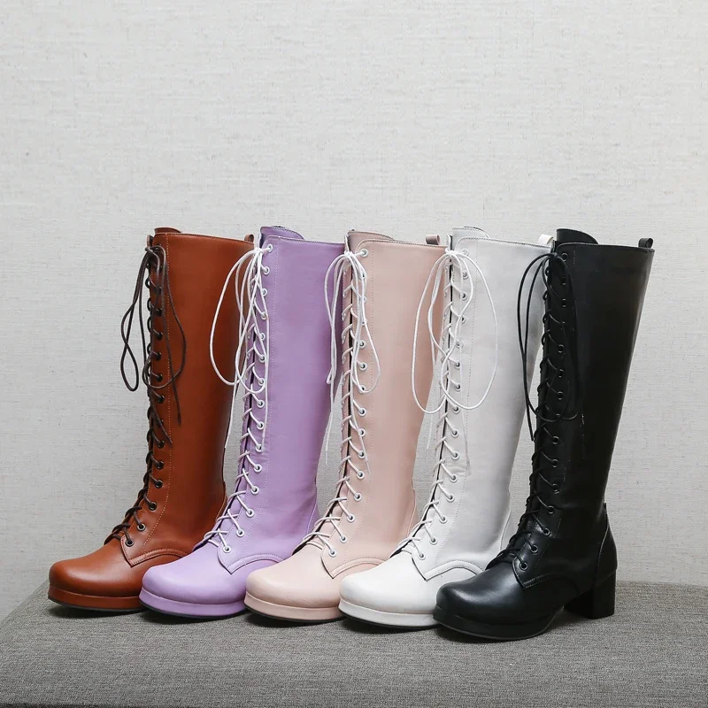 Plus Size Round Toe Mid-Heel Cross-Lace Women's Knee-High Boots Short Plush Lining Autumn and Winter Long Tube Warm Boots
