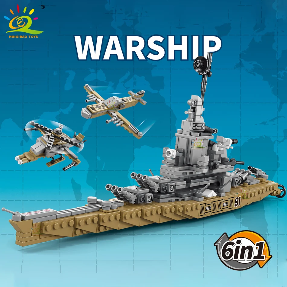 HUIQIBAO 559PCS 6IN1 Warship Military Building Blocks Missile Destroyer Cruiser Helicopters Bricks Construction Toy For Children