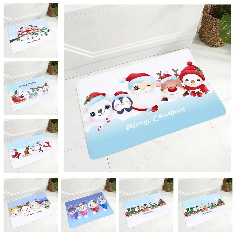 Merry Christmas Print Carpet Cartoon Animal Doormat Non-Slip Area Rugs for Kids Living Room Bedroom Xmas Decor Kawaii Throw Rug