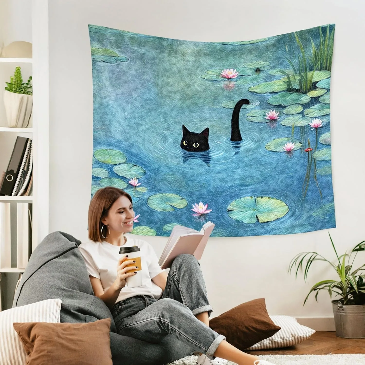Water Lily Pond Black Cat Tapestry, Wall Hanging Backdrop for Home Decor, Perfect for Bedroom Dorm Living Room