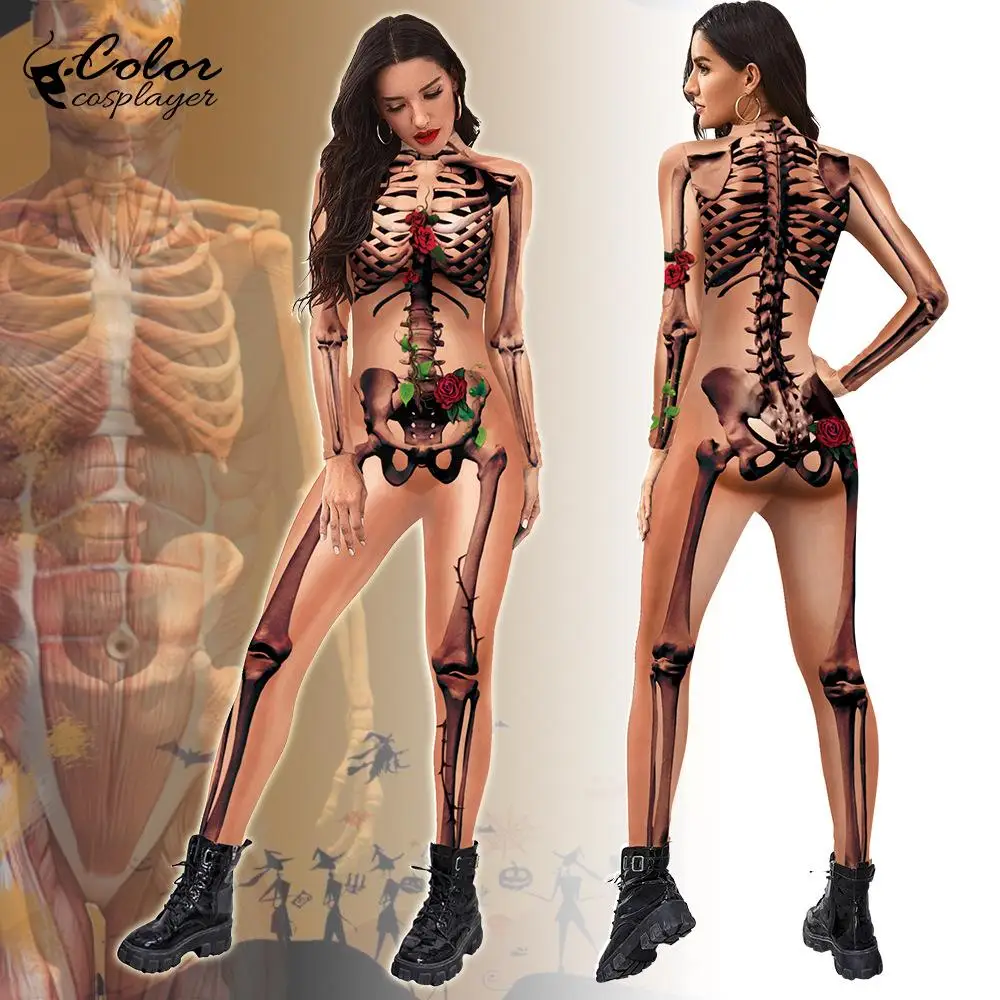 Farbe Cosplay Halloween Kostüm Karneval Party Overall menschlichen Körper Skelett Cosplay Kostüm Zentai Catsuit Frauen Bodysuit