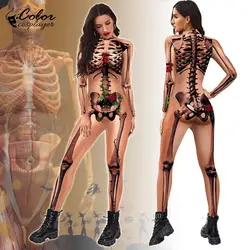 Color Cosplayer Halloween Costume Carnival Party Jumpsuit Human Body Skeleton Cosplay Costume Zentai Catsuit Women Bodysuit