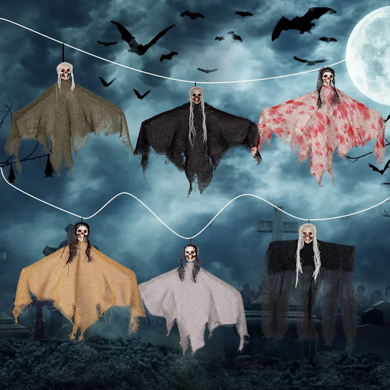 Halloween Hanging Skeleton Ghost Decoration Scary Horror Props Gauze Skull Ornament for Haunted House Party Outdoor Yard ﻿