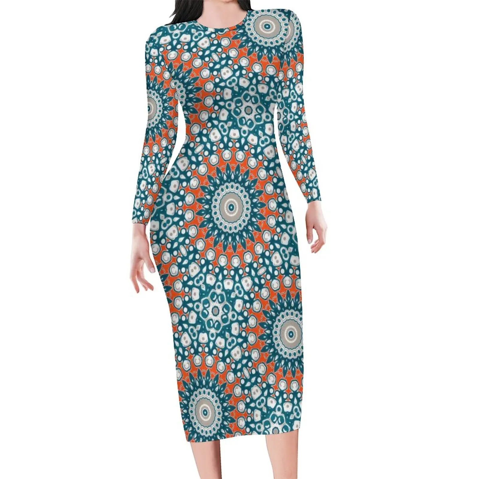 Vintage Mandala Art Bodycon Dress Autumn Funky Painted Medallion Vintage Dresses Female Long Sleeve Custom Aesthetic Dress