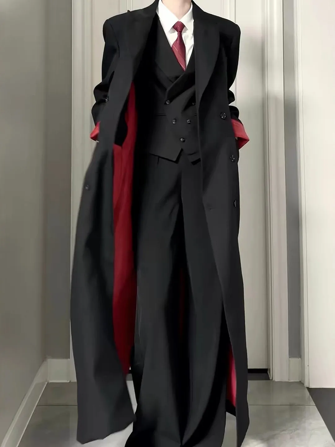 Men's Black Long Suit Jacket Spring and Autumn New French Fashion Retro Gothic Dark Style Contrast Color Double-Breasted Blazer