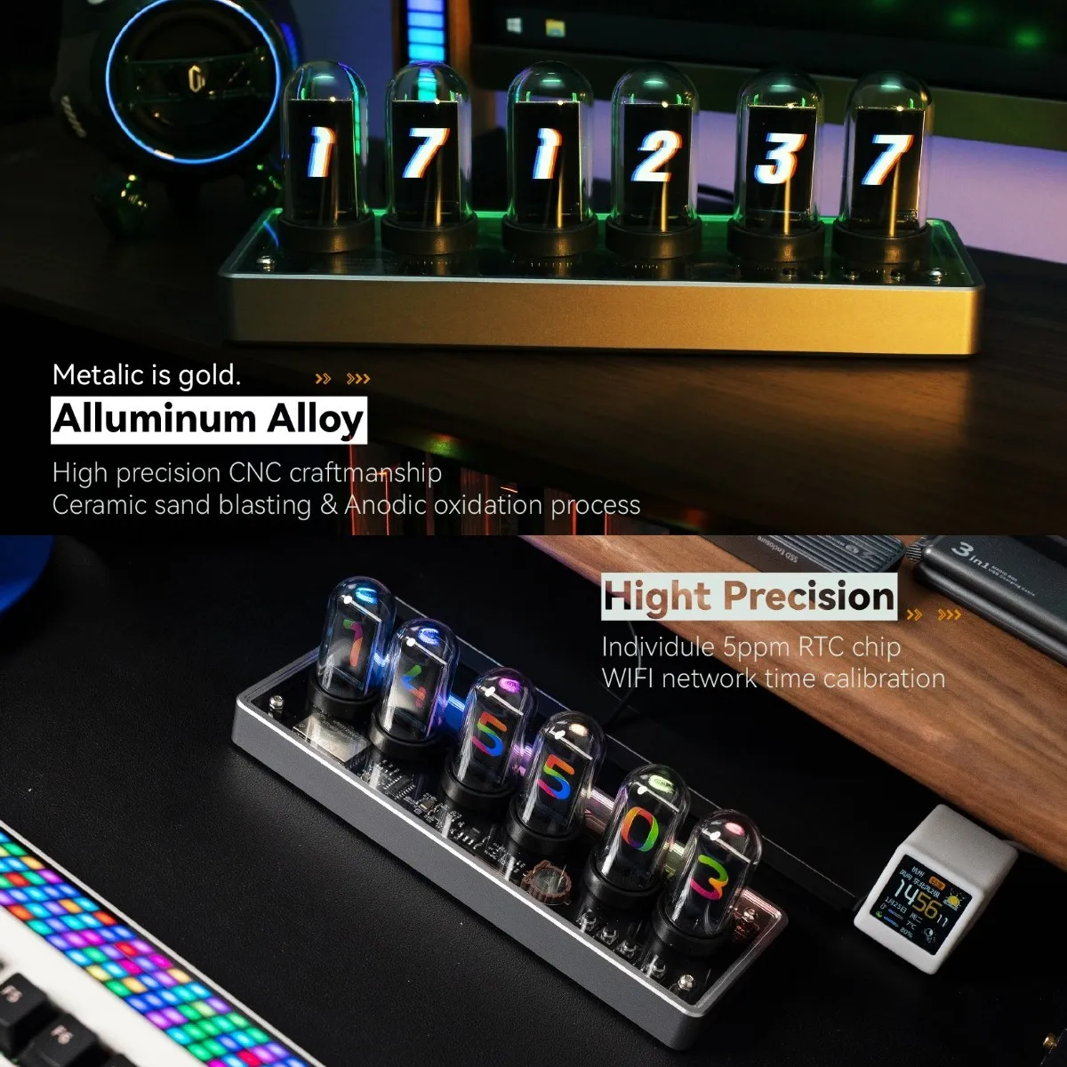 Vintage Digital Clock RGB Aluminum Alloy Pseudo-Glow Tube Clock Ips Computer Desktop Clock Ornament Destiny Stone Gate Cyberpunk