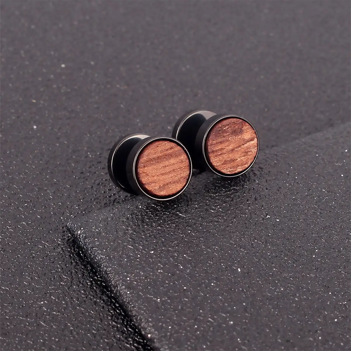 Pendientes redondos con diseño de madera para hombre, 2 piezas, estilo Punk Hip Pop de acero inoxidable, para regalo de joyería y fiesta