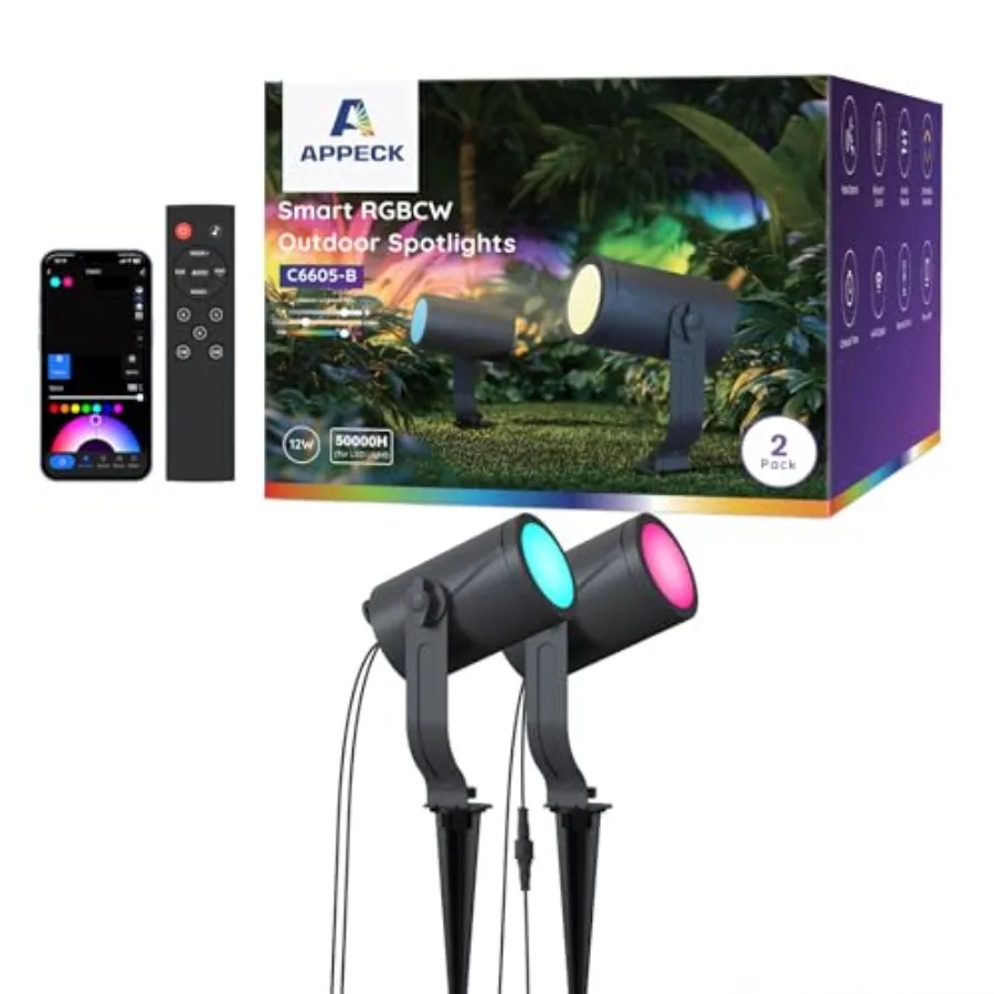 Outdoor Spot Light 600lm, Smart Landscape Lighting Kit, RGBCW Color Changing Low Voltage Landscape Lights, IP65 Waterproof, App