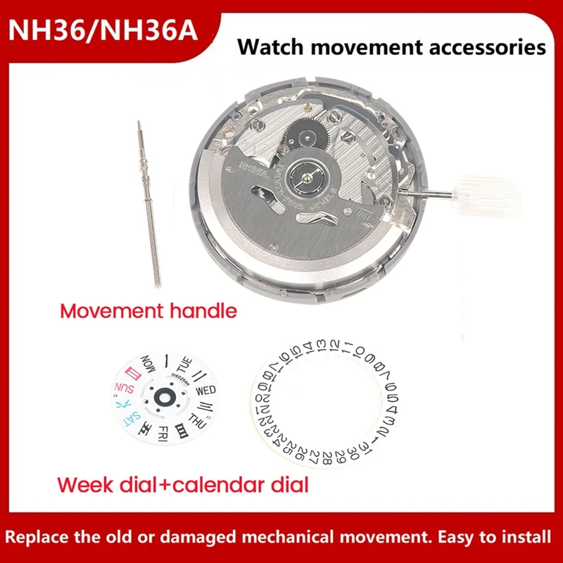 

NH36/NH36A Double Calendar High Accuracy Automatic Mechanical Watch Movement With Steel Stem+Week Dial+Calendar Dial Kit