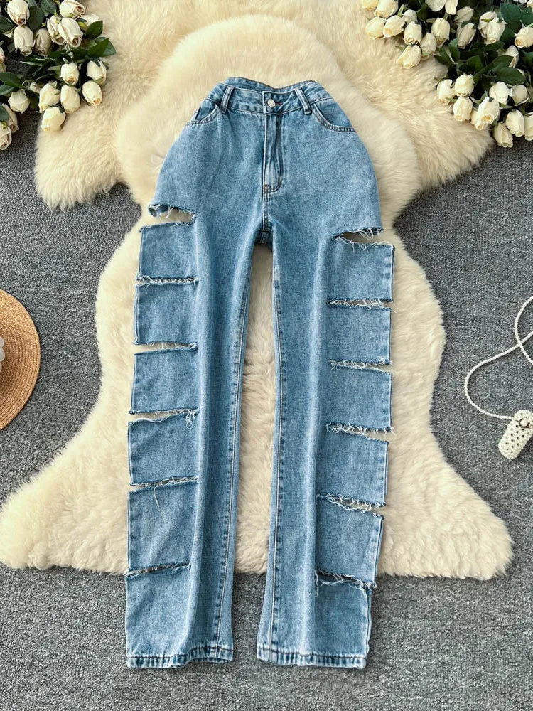 

High street casual high waisted ripped design jeans women's loose and personalized niche unique design cargo wide leg pants