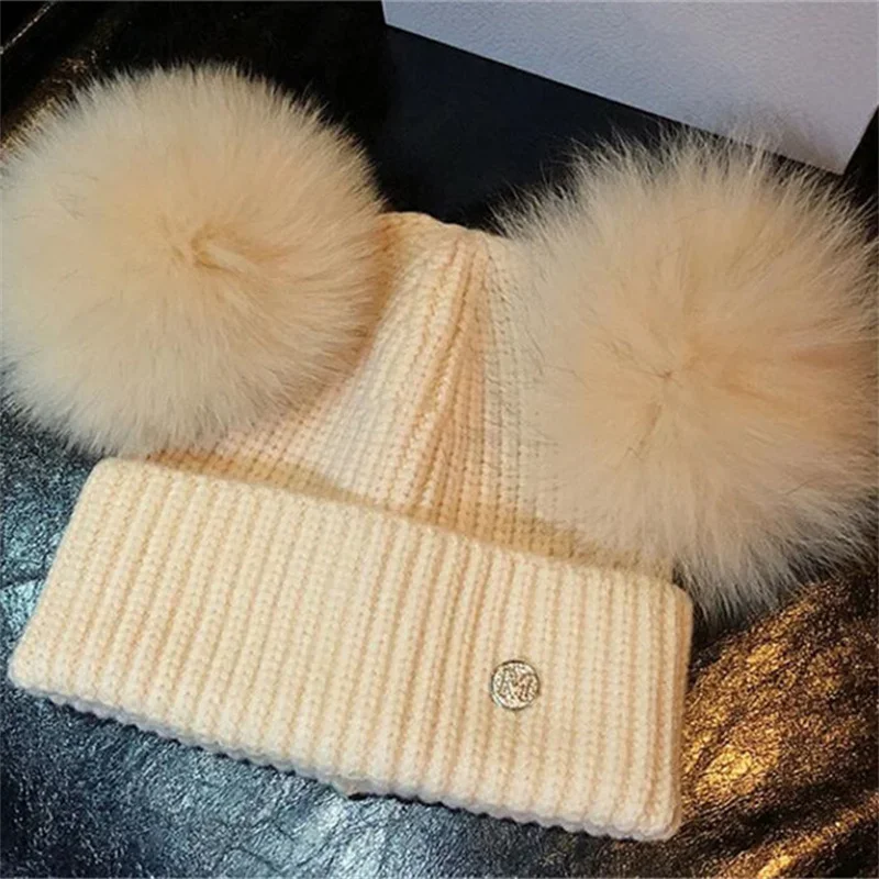 women\'s winter real fox fur wool knit hat baby cap beanie with 2 two double pom poms pompom ears funny hat