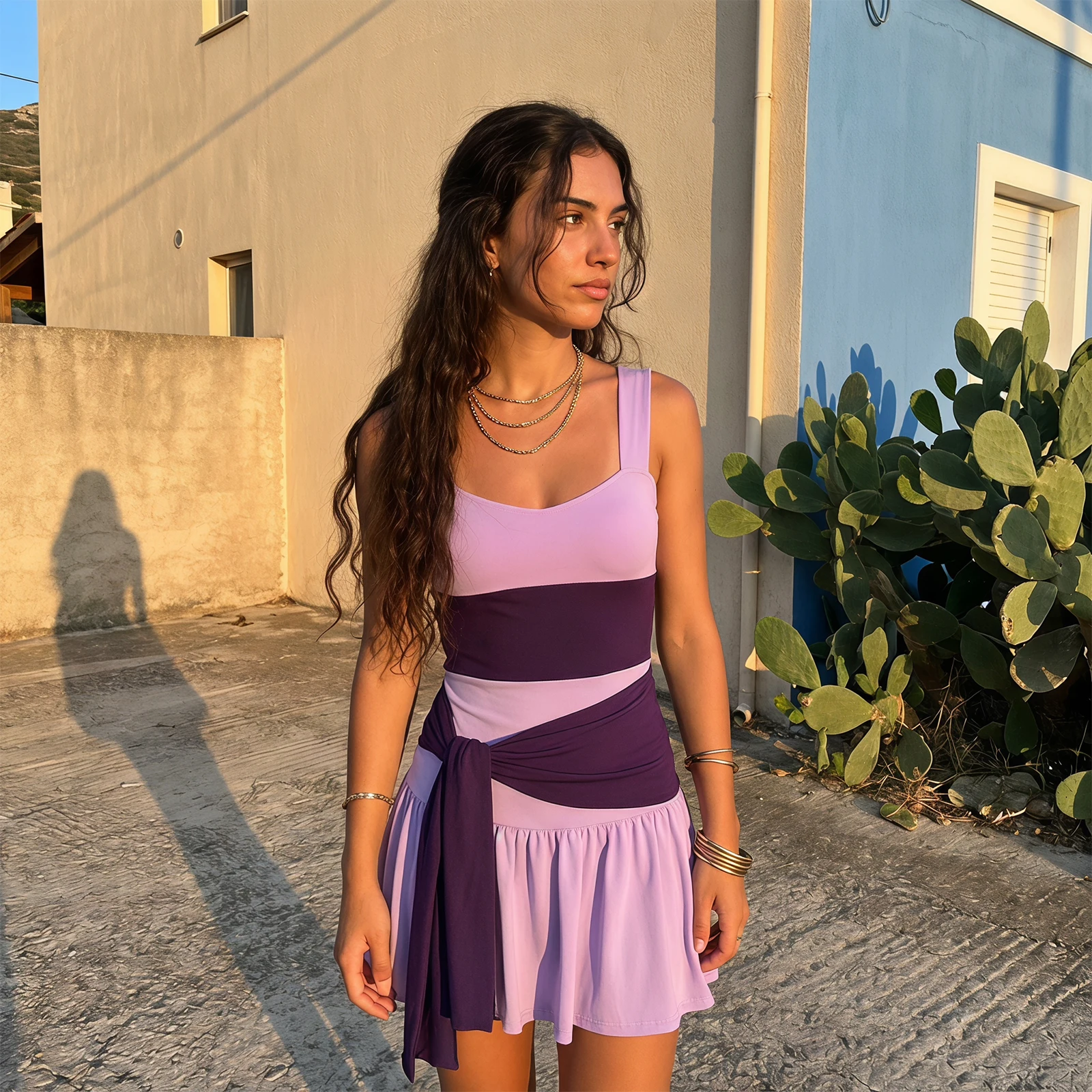 Women's Sleeveless Mini Cami Dress Wide Straps Patchwork Loose Fit Dress with Dark Purple Sash  Halloween Cosplay Costumes