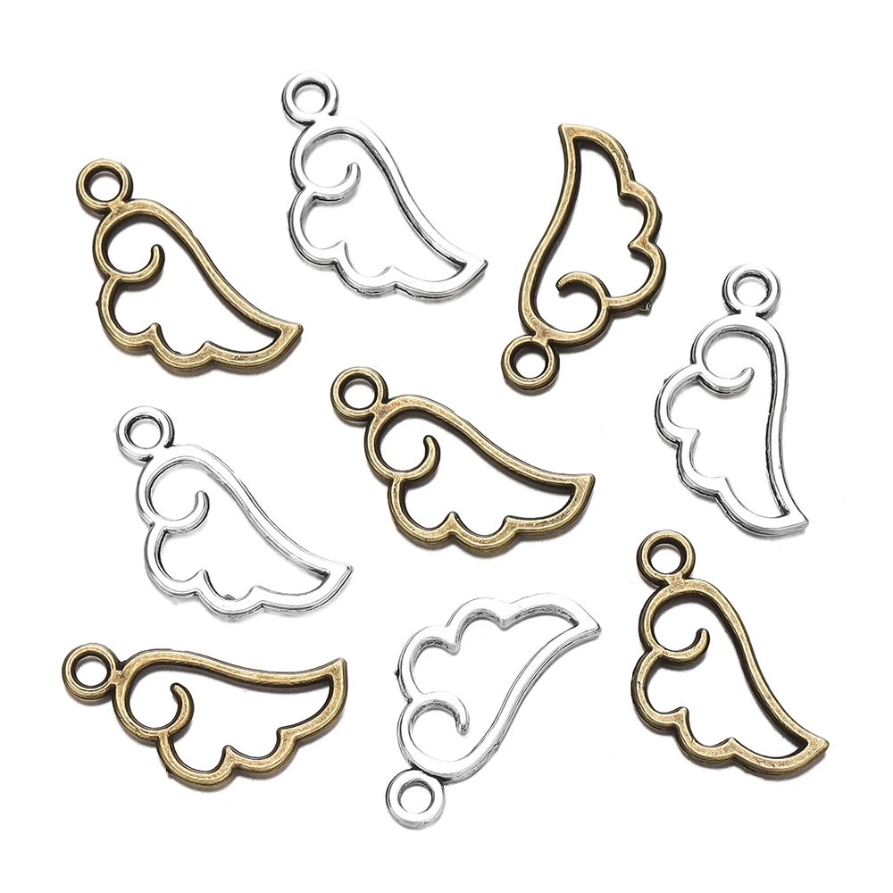 50pcs/lot 9*18mm Metal Alloy Three Color Pendants Mini Hollow Angel Wing Charms for Jewelry Making DIY Handmade Craft Supplies