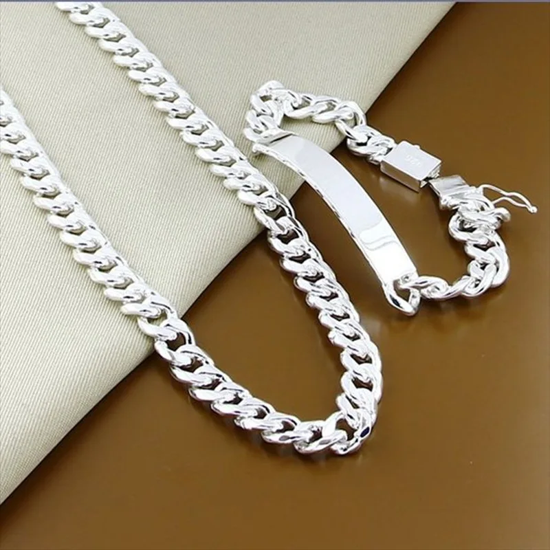 925 Sterling Silver Men's 10MM Square Buckle Necklace Bridge Deck Bracelet Set Birthday Anniversary Party Gift