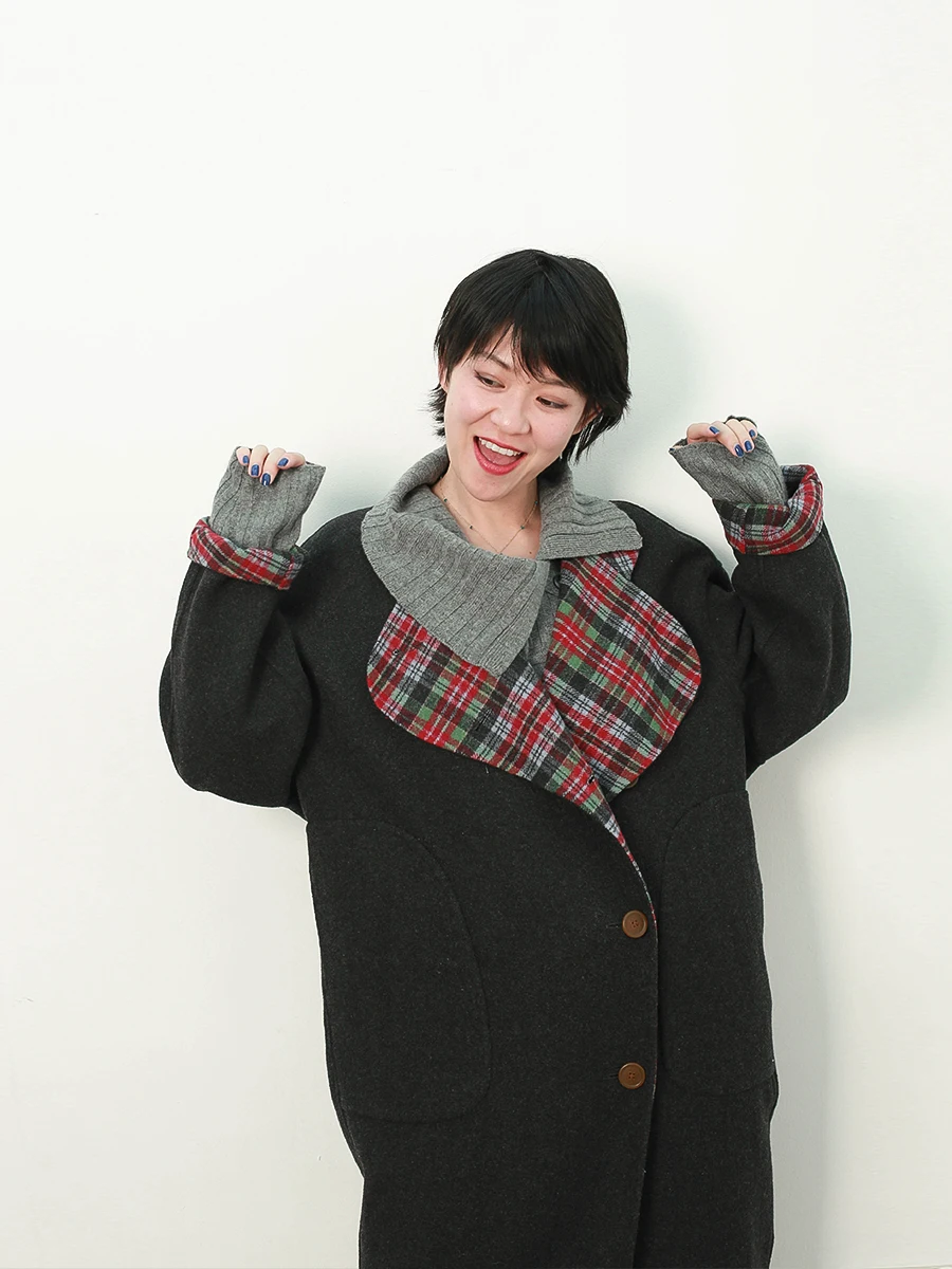 

Double Face Woolen Coat Detachable Scarf Tweed Pattern Asymmetrical Lapel Long Sve Mid-Length Winter Commute Sle ZOEPRO